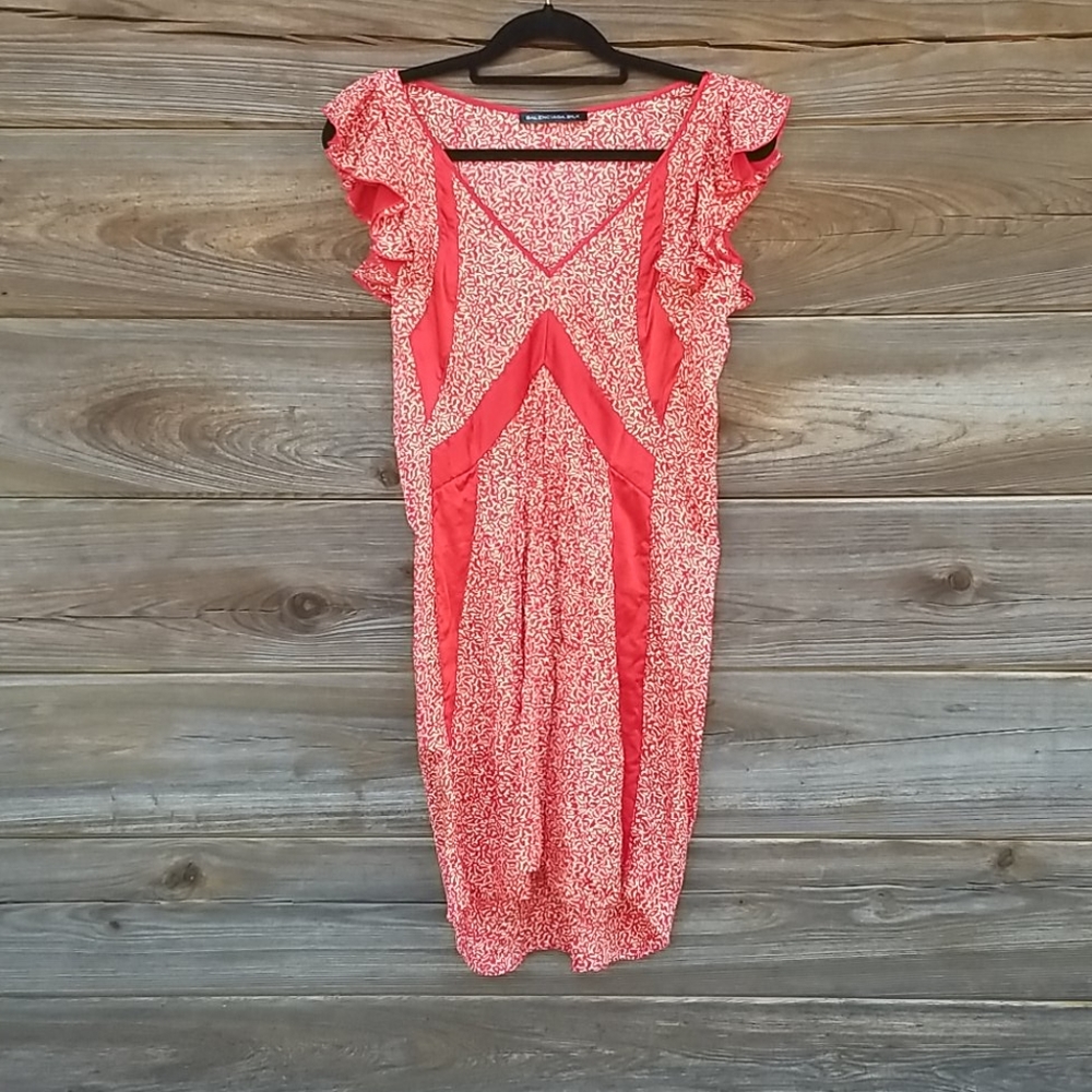 Balenciaga 100% Silk Ruffle Sleeve Dess - Red & White - Size 38 (US 6)